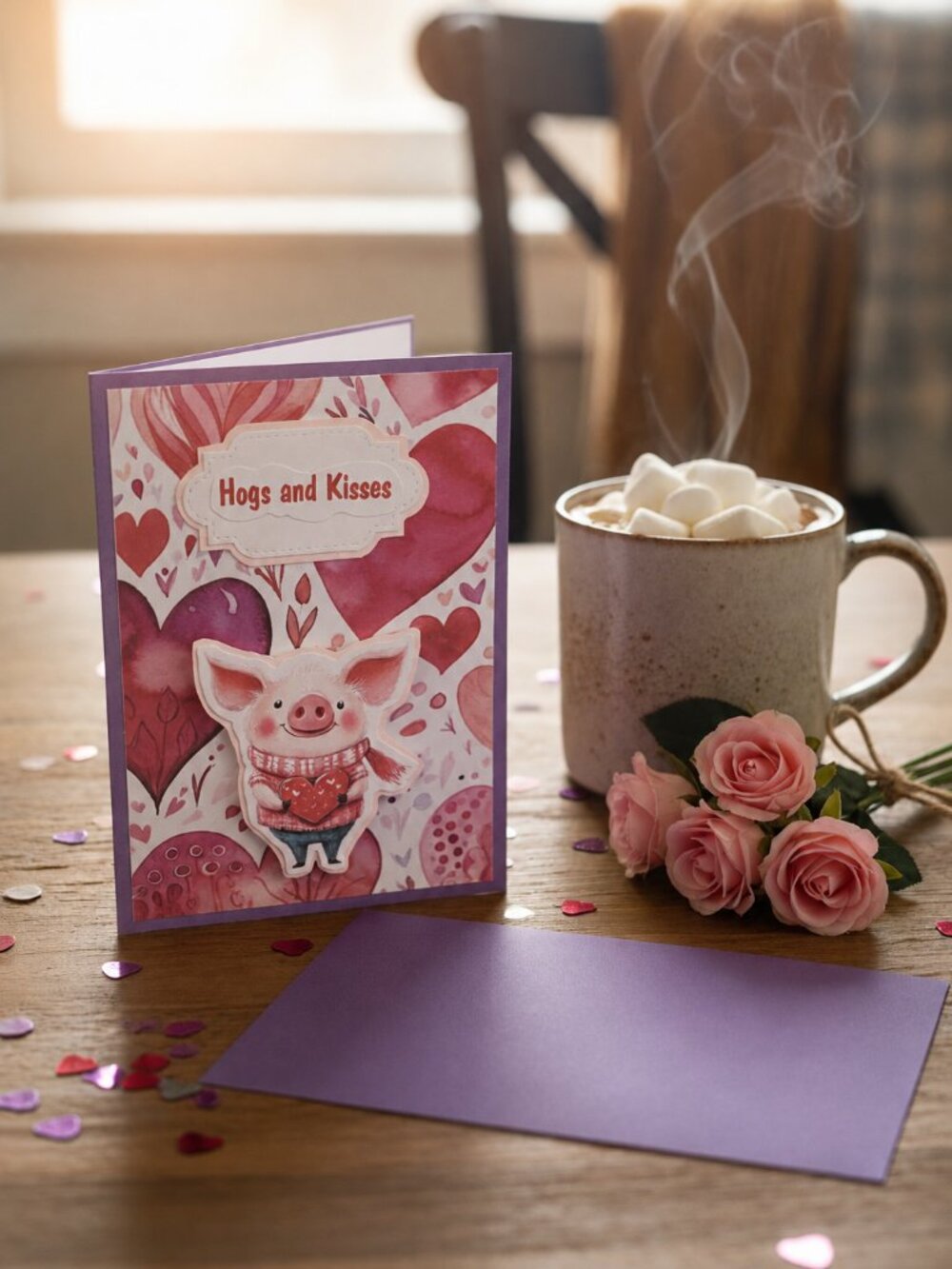 Hogs and Kisses Valentine's Day Card with Envelope | Handmade Greeting Card